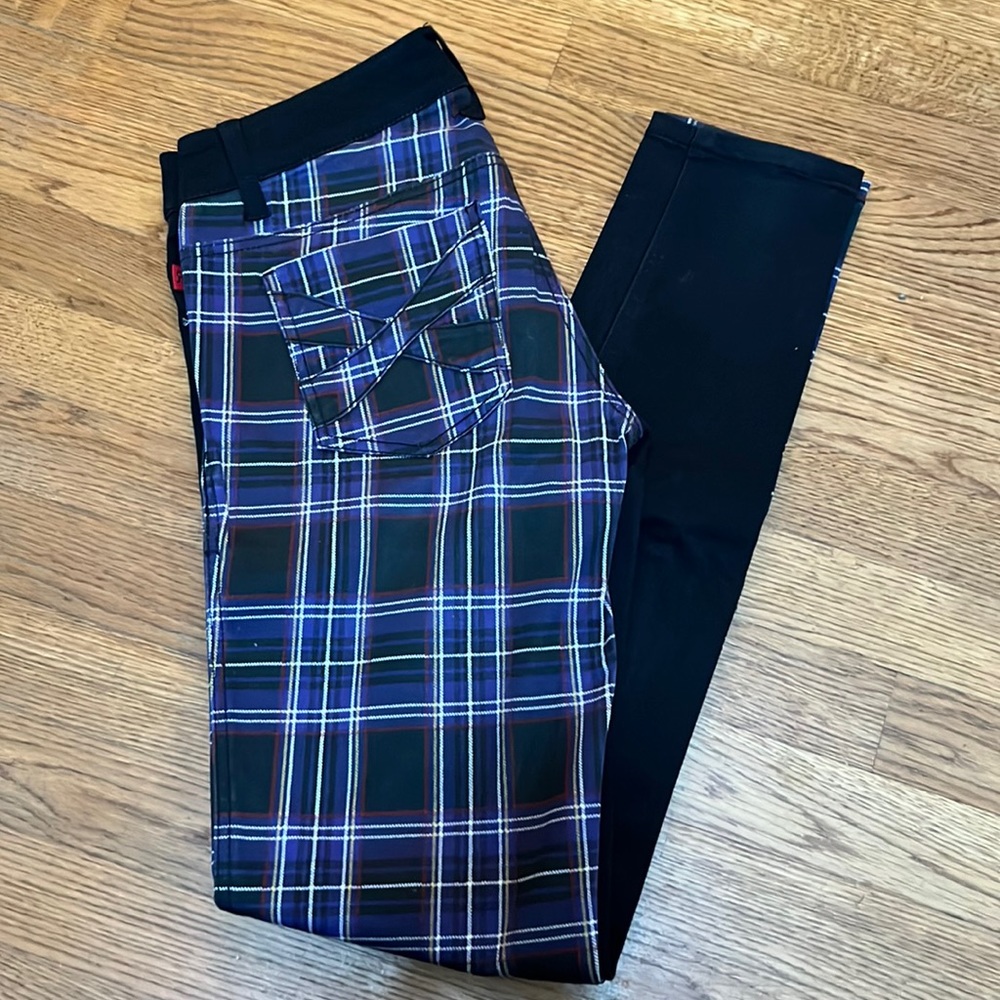 Royal Bones half black half purple plaid jeans from Hot Topic, Size 5